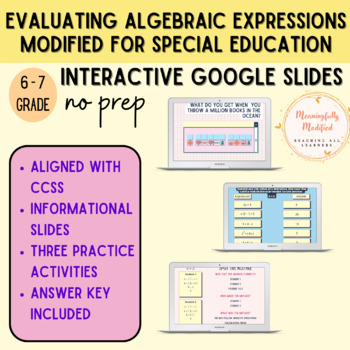 Preview of Evaluating Algebraic Expressions - Modified for Special Education 