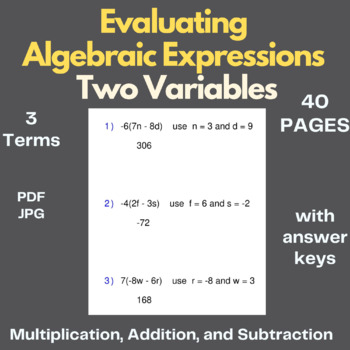 Preview of Evaluating Algebraic Expressions -Multiplication, Addition, and Subtraction