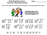 Evaluating Algebraic Expressions New Year's Math Activity: