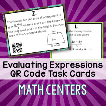 Preview of Evaluating Algebraic Expressions Task Cards with QR Codes - Math Centers