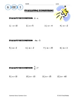 Evaluating Algebraic Expressions Worksheet by April Langelett  TpT