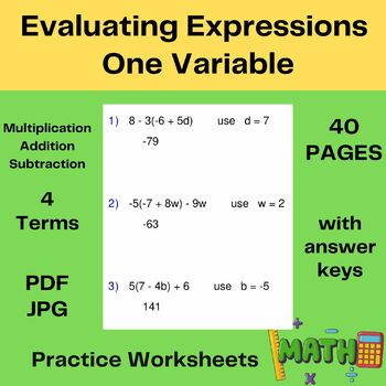 Preview of Evaluating Algebraic Expressions Worksheet - one variable - Pre-Algebra