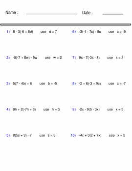 Evaluating Algebraic Expressions Worksheet - one variable - Pre-Algebra