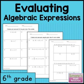Preview of Evaluating Algebraic Expressions  Worksheets 6th Grade  6.EE.A.2