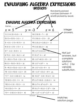 Preview of Evaluating Algebraic Expressions Worksheets - Integers - 30 pages