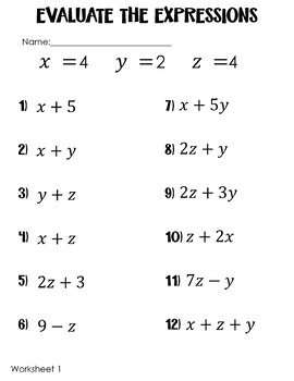 Evaluating Algebraic Expressions Worksheets using only whole numbers