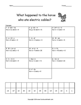 Preview of Evaluating Algebraic Expressions: with Exponents Worksheet | Math riddle