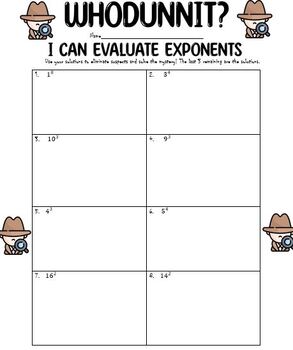 Preview of Evaluating Exponents Editable Whodunnit | Math Mysteries for Middle School