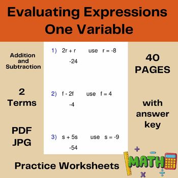Preview of Evaluating Expressions 1 Variable - Learning Math -Pre Algebra