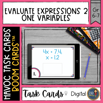 Preview of Evaluating Expressions 2 with Decimals Havoc Boom Cards™ Digital Task Cards