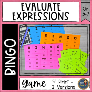 Preview of Evaluating Algebraic Expressions BINGO Math Game -6th Grade Math Review Activity