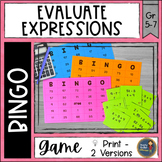 Evaluating Algebraic Expressions BINGO Math Game -6th Grad