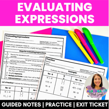 Preview of Evaluating Expressions Guided Notes with Practice Worksheet and Exit Ticket