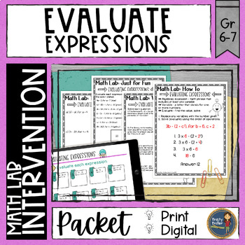 Preview of Evaluating Expressions Math Activities Lab - Math Intervention - Sub Plans