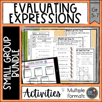 Preview of Evaluating Expressions Math Small Group Bundle - Assessment, Practice, Game