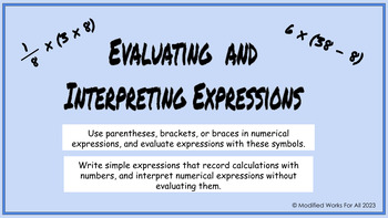 Preview of Evaluating Expressions - Modified/Differentiated 5.OA.A.1, 5.OA.A.2