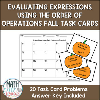 Preview of Evaluating Expressions Using Order of Operations Fall Pumpkin Task Cards