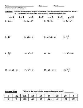 Preview of Evaluating Expressions Worksheet #1