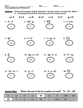 Evaluating Expressions Worksheet #2 by Marvelous Math | TpT