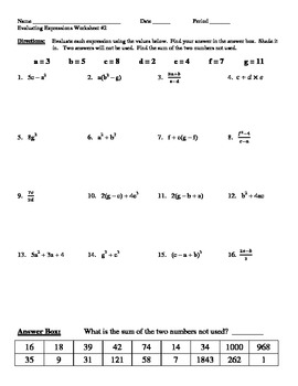 Preview of Evaluating Expressions Worksheet #2