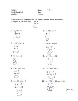 Evaluating Expressions Worksheet (3 Levels) with Answers | TpT