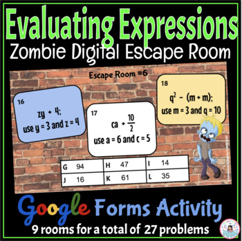 Preview of Evaluating Expressions Zombie Digital Math Escape Room - Google