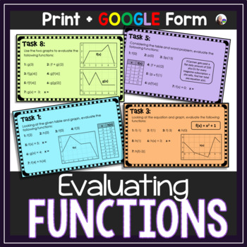 Preview of Evaluating Functions Algebra Task Cards Activity - print and digital