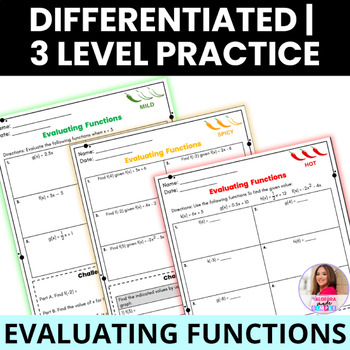 Preview of Evaluating Functions Differentiated Practice 3 Levels Algebra 1 Quiz Worksheets