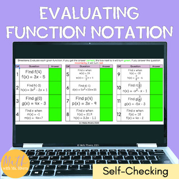 Preview of Evaluating Functions Digital Self Checking Activity for Algebra 1