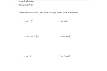 Preview of Evaluating Inverse Trig Functions in Radians with Answer Key