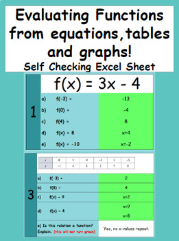 Preview of Evaluating Linear Functions Self-Checking (Excel Sheet)!