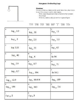 evaluating logs hangman activity by math with mrs u tpt