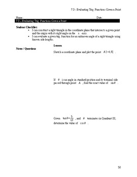 Preview of Evaluating Trig. Functions Given a Point Notes