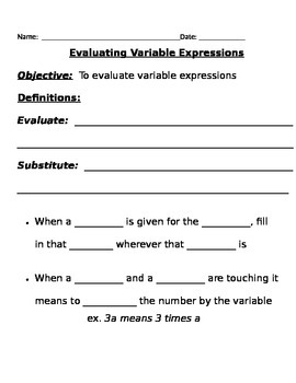 Preview of Evaluating Variable Expressions Notes and Assignments