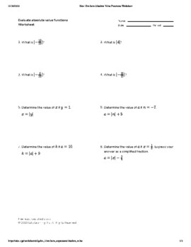 Preview of Evaluating absolute value functions - Worksheet & Practice