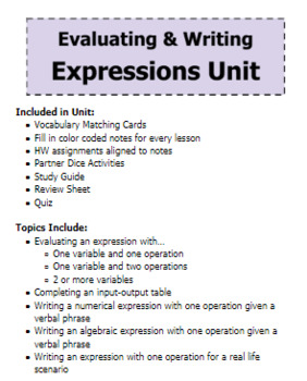 Preview of Evaluating and Writing Expressions Special Education Math Unit