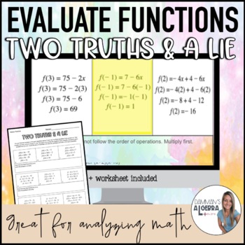 Preview of Evaluating the Functions | Two truths and a Lie | Math error analysis