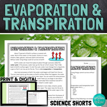 Preview of Evaporation and Transpiration Reading Comprehension Passage PRINT and DIGITAL