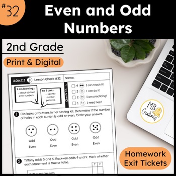 Preview of Even and Odd Numbers Worksheet & Slides L32 2nd Grade iReady Math Exit Tickets