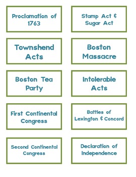 Preview of Events Leading to the American Revolution Set (sort activity and 2 charts)