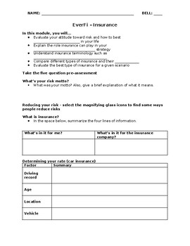 Preview of EverFi Financial Literacy for High School - Insurance Worksheet