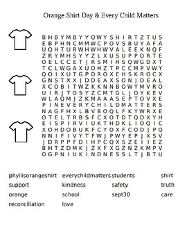 Preview of Every Child Matters, Orange Shirt Day Word Search