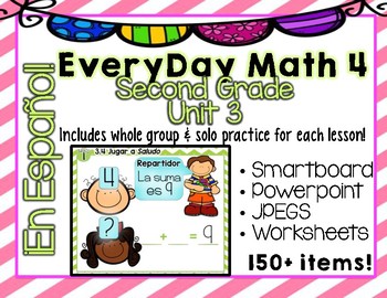 Preview of EveryDay Math 4| Unit 3 En Español| Gr. 2| Smartboard, Powerpoint, Worksheets