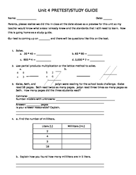 Everyday Math 4 Grade 4 Ch 4 Pretest, Quiz, or Study Guide | TPT