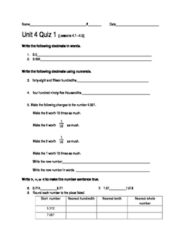 Preview of Everyday Math 4 Unit 4 Quizzes Grade 5
