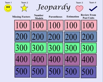 Preview of Everyday Math Grade 3 Unit 7 Jeopardy Review