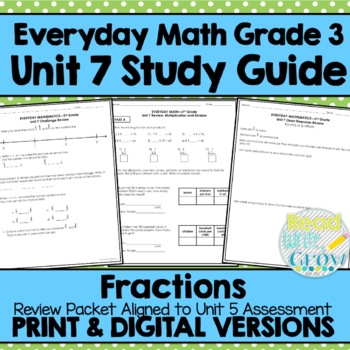 Preview of Everyday Math Grade 3 Unit 7 Review/Study Guide {Fractions} DIGITAL