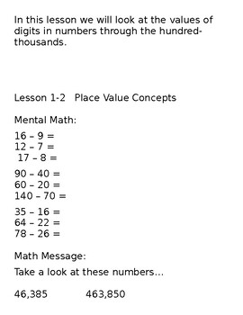 Everyday Math Grade 4, Unit 1: Mental Math, Math Message, Lesson Statement
