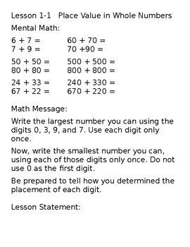 Preview of Everyday Math Grade 4, Unit 1: Mental Math, Math Message, Lesson Statement