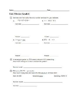 Preview of Everyday Math Grade 6 Unit 3 Review w/ Answer Key
